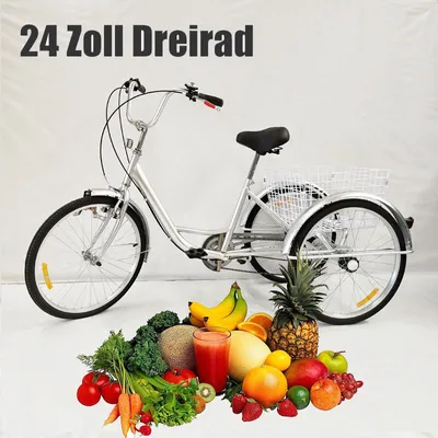 Zdjęcie produktu dla Rower trójkołowy dla dorosłych 6 biegów zakupy 24" rower trójkołowy dla dorosłych rower dla seniorów z oświetleniem i koszykiem (srebrny)