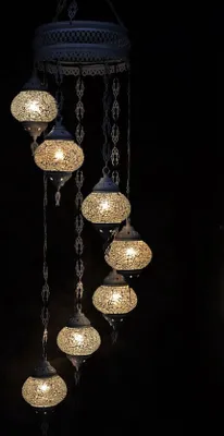 Obrázek produktu pro Závěsná lampa s barevnou skleněnou mozaikou, orientální lustr v krémově bílé barvě, 7 skleněných koulí, ručně vyrobeno v Turecku