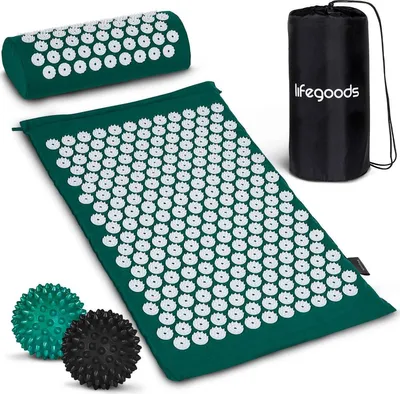 Produktbild von LifeGoods Akupressurmatte mit Kissen - Shakti Matte - Nagelmatte - Fakirmatte - Massagematte - Für Schmerzlinderung, Muskelregeneration, Stressabbau und Mehr - Inkl. 2x Triggerpunkt Ball - 60x40x2cm - Grün / Weiß