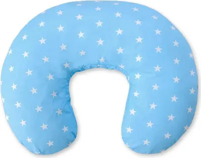 Image de Coussin d'allaitement Bobono en forme de haricot 100% coton bleu ergonomique pour l'allaitement et le soutien