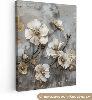 Obrázek produktu pro OneMillionCanvasses® - Plátna - Květiny - Bílá - Šedá - Zlatá - Luxusní, nástěnný obraz, nástěnná dekorace Obývací pokoj, 90x120cm