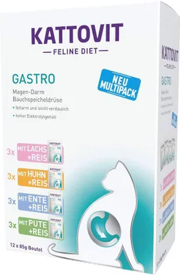 Zdjęcie produktu dla Kattovit Gastro Multipack, Dorosły, Kurczak, Kaczka, Ryż, Łososiowy, Turcja, 85 g