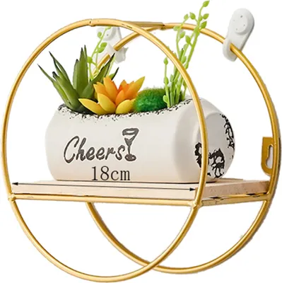 A decorative wall shelf with a planter containing artificial succulents.