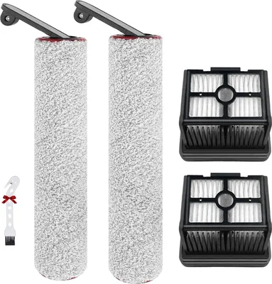 A set of vacuum cleaner replacement parts, including two brush rolls, two HEPA filters, and a cleaning brush, laid out on a white background.