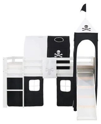 Produktbild von Homestyle4u Hochbett 90x200 mit Rausfallschutz Kinder mit Rutsche Leiter Turm Tunnel Vorhang Pirat
