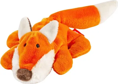 A plush toy fox lying down on a white background.
