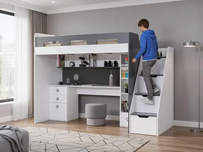 Immagine prodotto di Letto a castello bianco e grigio con scrivania e spazio contenitivo per la camera