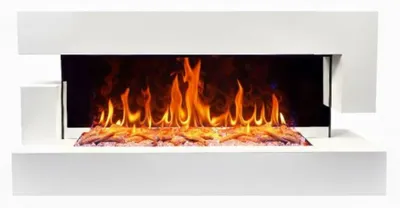 A modern white electric fireplace with a realistic LED flame effect.