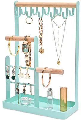 Produktbild von Schmuckhalter Schmuckbaum Schmuckständer - 4 Ebenen - Mit Tablett - Holz und Metall - 20 x 10 x 32 cm - Für Ketten und Armbänder