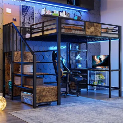 Obrázek produktu pro Postel na vyvýšeném rámu 140x200 z kovu s pracovním stolem, úložnými policemi, věšákovou tyčí, LED osvětlením a zásuvkou, černá/bílá