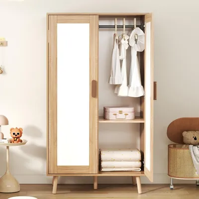 Produktbild von Flieks Kleiderschrank Garderobe 2-türig, Eckkleiderschrank mit Kleiderbügel und Einlegeboden, Garderobe Schlafzimmer 80x46x141.5 cm, Naturbelassen