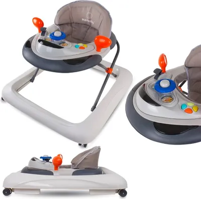 A collage of a baby walker with a steering wheel and activity center.