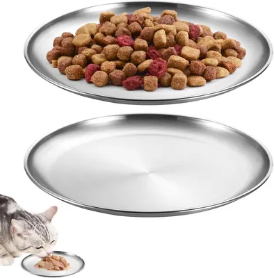 Obrázek produktu pro Sada 2 plochých misek z nerezové oceli, průměr 14 cm, pro kočky a malé psy, s protiskluzovým dnem