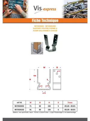 Produktbild von Balkenstütze form U 91x60x150 Hohe Korrosionsbeständigkeit Stahl feuerverzinkt