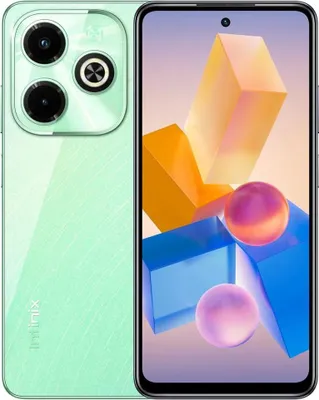 A smartphone is shown from the front and back.