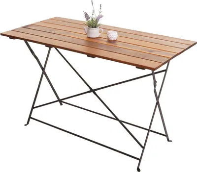 A wooden folding table with a black metal frame, set against a white background.