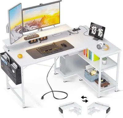 Zdjęcie produktu dla Stół do gier z podstawką pod monitor, odwracalny, w kształcie litery L, biały, 120 x 80 x 88 cm