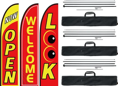 Produktbild von VEVOR Offene Flaggen mit Mastsatz, Werbeflaggen für Unternehmen im Außenbereich, Werbe-Federflaggensatz, 3 Flaggen (Open, Look, Welcome), 3 Masten, 3 Bodenpfähle, Swooper-Flaggen für 5 m