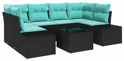 Image de Canapé Set avec coussins 7 pcs Noir Poly Rattan