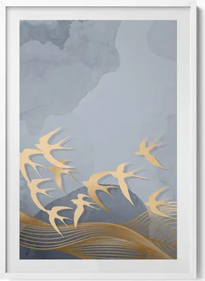 Produktbild von Illustration von fliegenden Vögeln– Wandbild mit Rahmen – Gerahmtes Bild  – Wanddekoration – 70x100 cm –  Weiß Rahmen