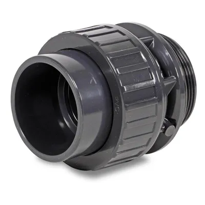 A close-up studio shot of a gray PVC pipe fitting against a white background.
