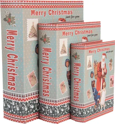 Obrázok produktu pre Clayre & Eef Úložný box Set 3 kníh 27 /22 /17 cm Modrý drevený Father Christmas