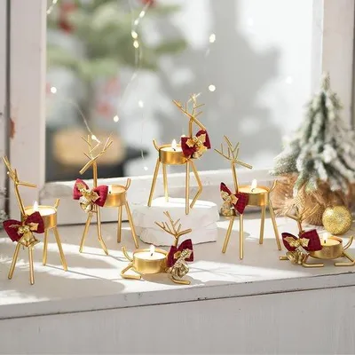 Produktbild von Unyqoos® 6er-Set Rentier-Teelichthalter aus Metall, gold-rote Weihnachtsdeko – Teelichthalter für Kerzen bis Ø 4 cm