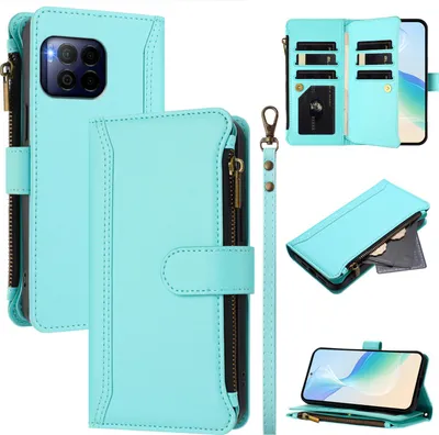 Image de Etui pour T-Mobile REVVL 7 Pro, zippé, étui portefeuille en cuirPolyuréthaneavec pochettes pour cartes, support et dragonne vert menthe