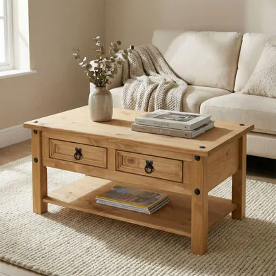 A wooden coffee table with two drawers and a shelf, placed in a living room setting next to a sofa.