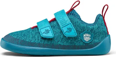 A single blue and teal child's shoe with red accents is shown against a white background.