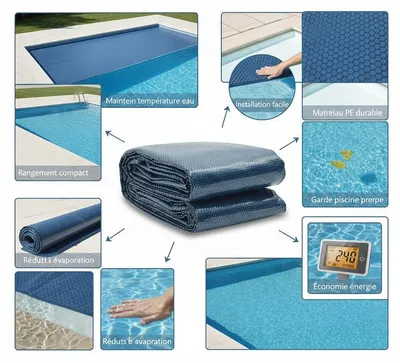 Image de Couverture solaire pour piscine, diamètre 300 cm, épaisseur 110 microns, film en polyéthylène à bulles, permettant de stocker la chaleur et de réduire l'évaporation