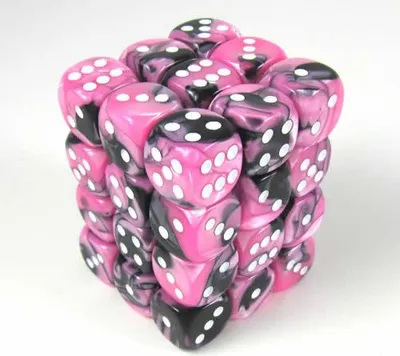 Immagine prodotto di Blocchi di dadi Chessex Gemini 12mm d6 con punti (36 dadi) - Nero-Rosa con bianco