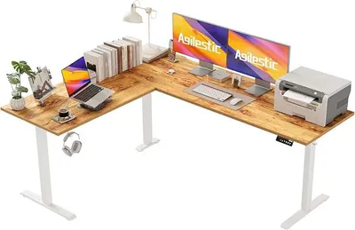 Productafbeelding van Hoogteverstelbaar hoekbureau 190 x 155 cm | Elektrisch verstelbaar L-vormig bureau, draagvermogen 80 kg, 3 geheugenstanden, computerbureau voor thuiswerken, lichtbruin