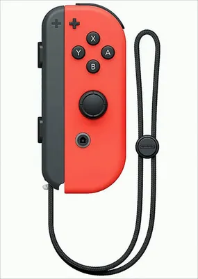 A red and gray Nintendo Switch Joy-Con (R) controller with a black wrist strap attached.