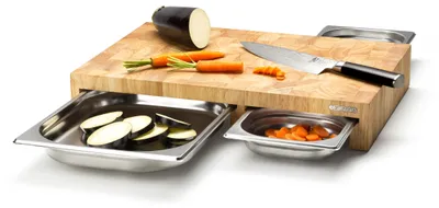 Productafbeelding van Continenta Houten Snijplank met 3 RVS Laden - Kopshout - 50 x 33 cm