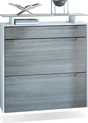 Produktbild von Vladon Schuhschrank Annie, Schuhkipper für 16 Paar Schuhe mit 2 Klappen, 1 Schublade und Glasablage, Weiß matt/ Avola-Anthrazit, Griffmulden in Avola-Anthrazit (89 x 96 x 23 cm)
