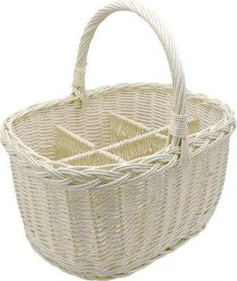 A white wicker basket with a handle and internal dividers, shown against a white background.