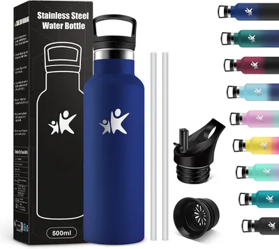 Image de Gourde isotherme avec paille, 500 ml, sans BPA, en acier inoxydable, pour enfants, pour l'école et le sport