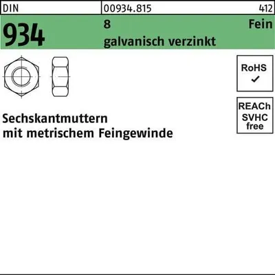 Produktbild von Reyher  Sechskantmuttern DIN 934 8 M 27 x 1,5 galv. vz (50 Stück)