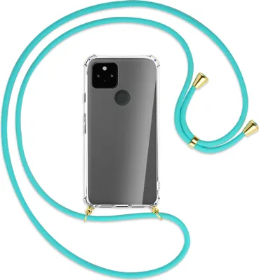 Produktbild von Handykette Backcover-Schutzhülle mit Band (Metall goldfarben) für Google Pixel 5a 5G  - türkis