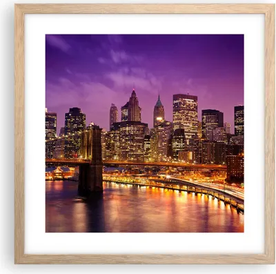 Produktbild von Gerahmtes Poster - Rahmen in heller Eiche - New york nacht brooklyn brücke - 40x40 cm - Wand Bild - Wanddeko - Wandbilder - Wandposter - Bilderrahmen - Bilder - Kunstdruck - Wandbild - P2NAC40x40-2660