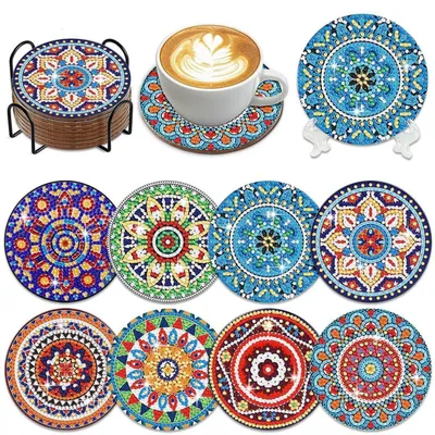 Immagine prodotto di Set di 8 sottobicchieri per la pittura a diamante 5D, con supporto, motivo mandala, diametro 10 cm