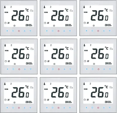 A collage of nine identical digital thermostats.