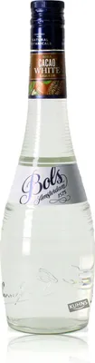 A clear, professional studio shot of a bottle of Bols Creme de Cacao white liqueur against a white background.