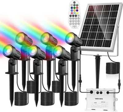 Immagine prodotto di Faretti solari per giardino, balcone e vialetti, set da 6 unità, colori RGB, 10 colori, 12 modalità, funzione timer, impermeabili IP66, con telecomando