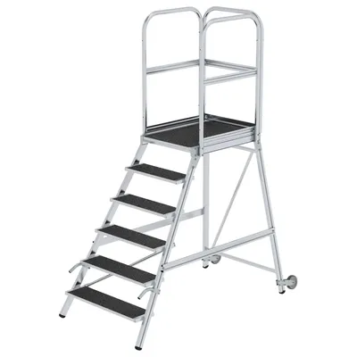 Produktbild von Günzburger Steigtechnik Podesttreppe einseitig begehbar mit Rollen & Griffen Korrundbeschichtung R13 6 Stufen - 055106