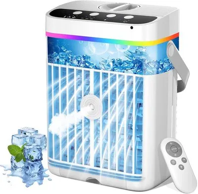 Obrázok produktu pre Uniqoos® Prenosný 4-v-1 chladič vzduchu s USB-C, 1250 ml, 10 W – ventilátor, zvlhčovač vzduchu a prenosná klimatizácia, 7 farebných LED, časovač 1/2/3 hodiny, až 9 hodín prevádzky.