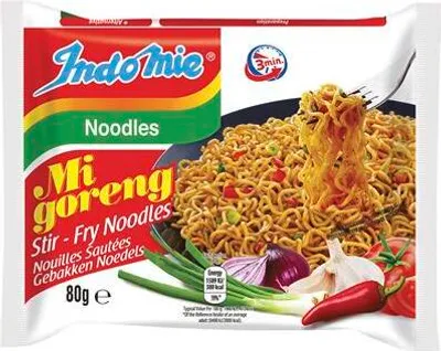 A package of Indomie Mi Goreng instant noodles with ingredients shown.