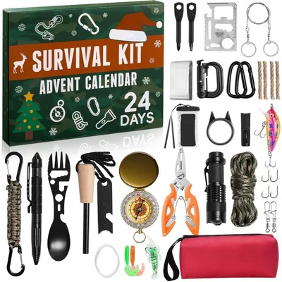 Image de Calendrier de l'Avent 2026 pour hommes | Kit de survie de 31 pièces comprenant des outils et des accessoires de pêche | Cadeau pour hommes | Idéal pour le camping, la pêche et les activités de plein air | Compte à rebours de 24 jours
