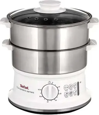 Produktbild von Tefal Convenient Series Dampfgarer VC1451, 2 Korb/Körbe, Weiß, Edelstahl, Freistehend, Drehregler, Vorderseite, Edelstahl